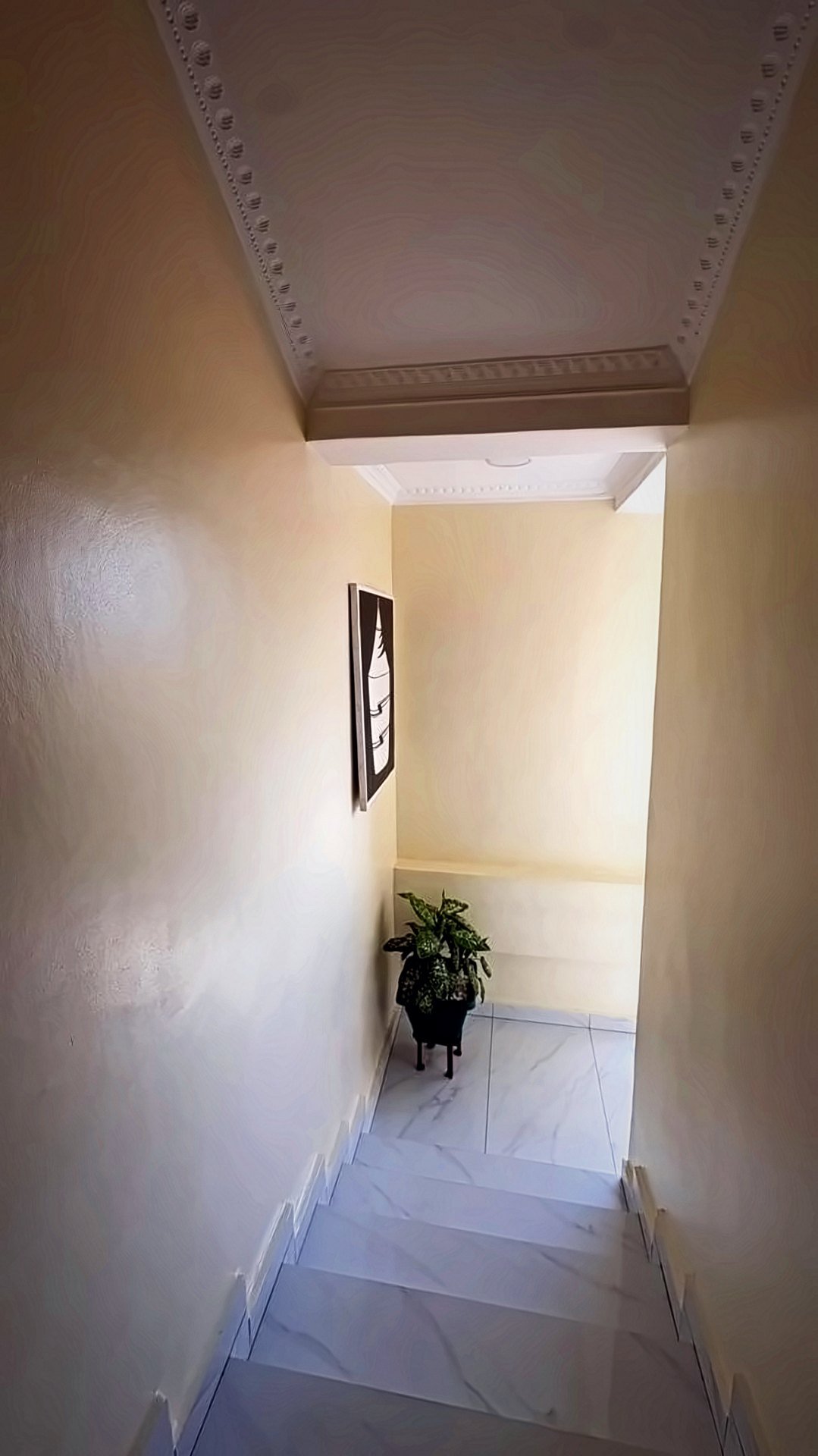 Clean, bright stairwell with a plant and artwork at Holy Apartments, Kigali
