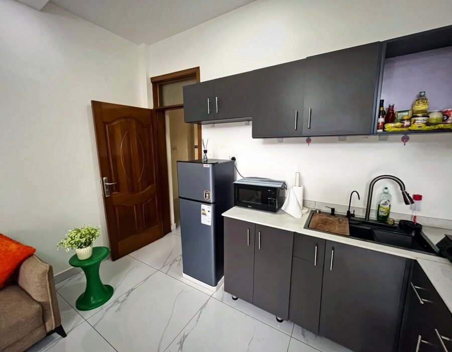 Fitted kitchen with dark cabinets, a fridge, microwave and double sink at Holy Apartments, Kigali
